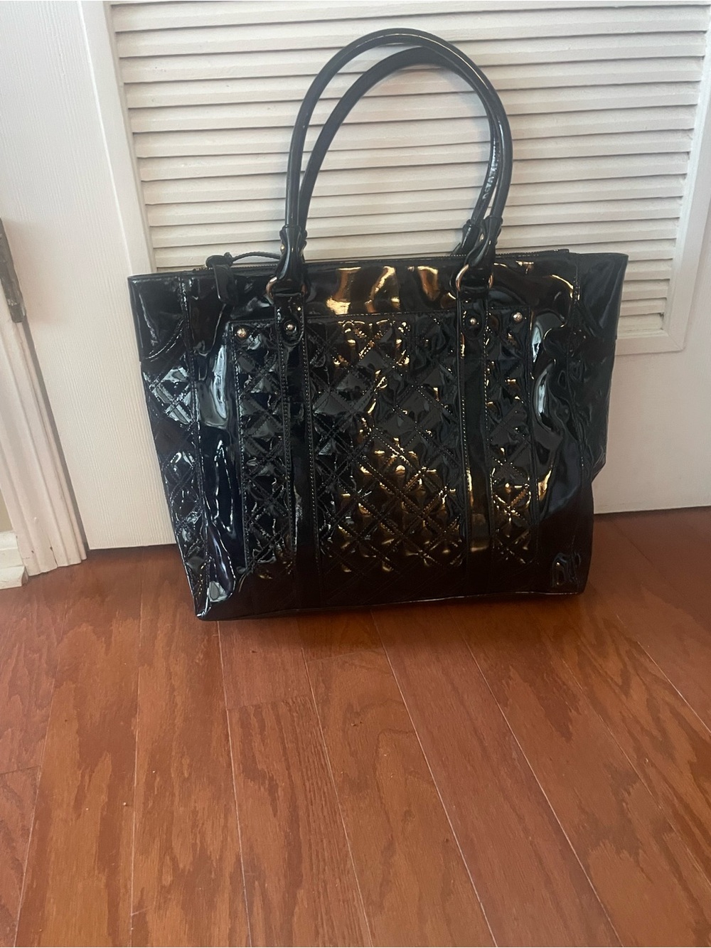 Black Quilted Patent Tote Bag - Elegant Women's Handbag